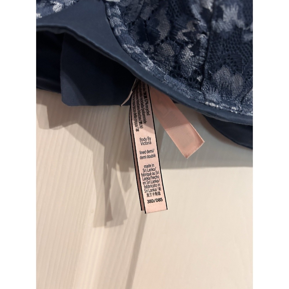 Victorias Secret 38D Bra Body by Victoria Lined Demi Padded Floral Lace Blue - Picture 9 of 14